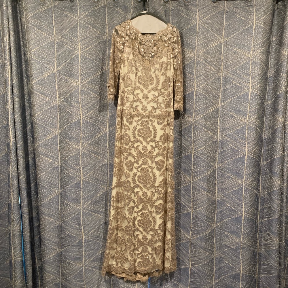 Tadashi Shoji MoB dress in gold sequence, size 10